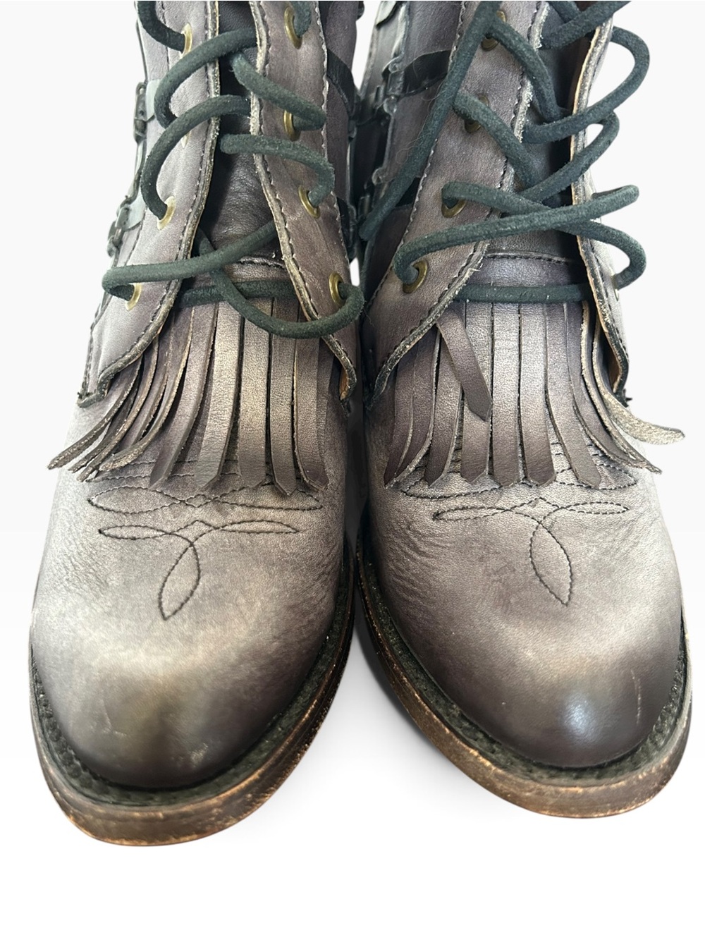 Corral Grey Distressed Fringe Kiltie Lace up Heeled Boot Size 7 - Picture 4 of 8